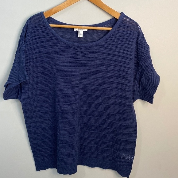 H by Halston Women's Loose Knit Navy See-through Short Sleeve Sweater Top 2XL - Picture 1 of 8